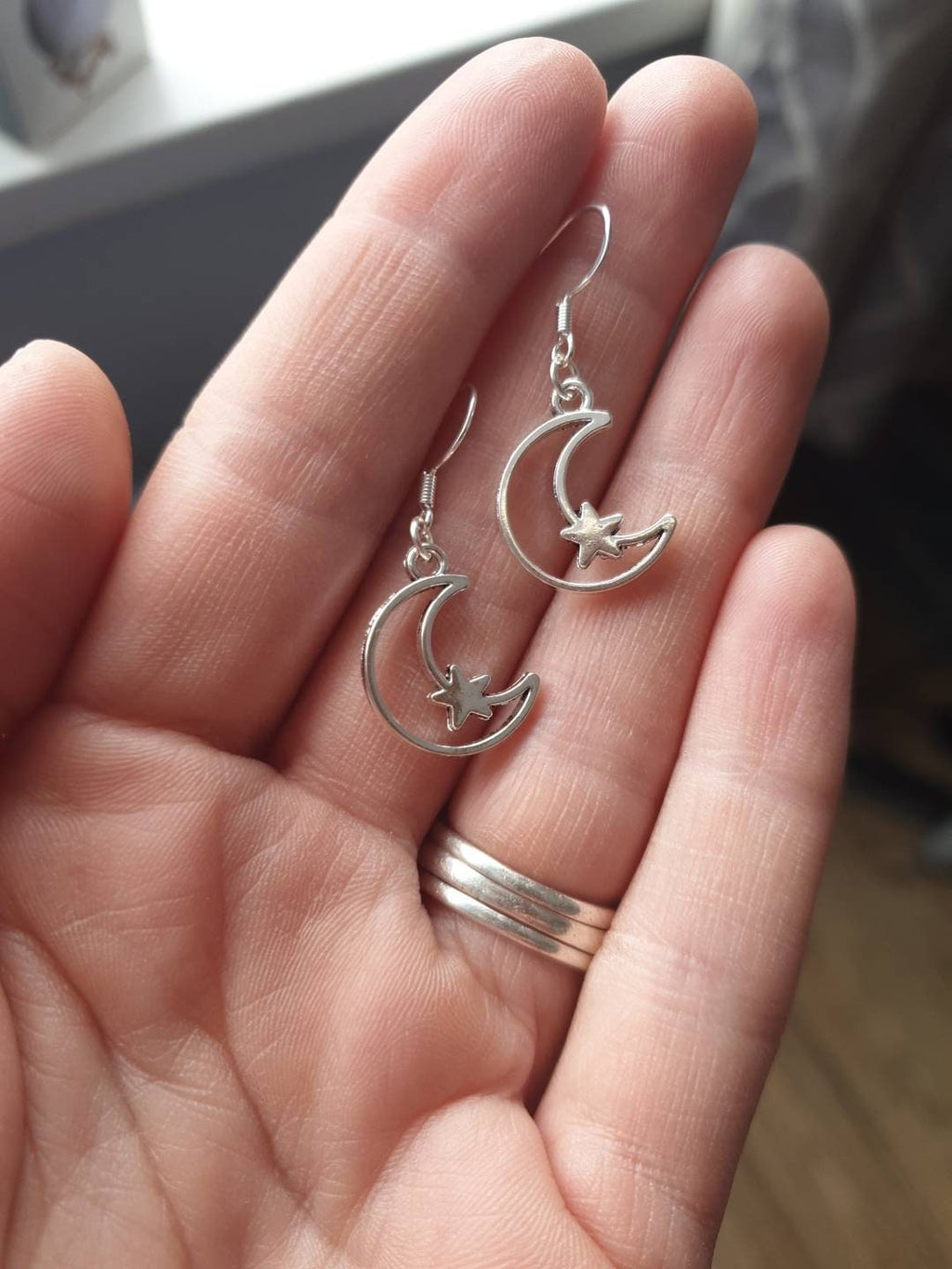 Moon And Star Celestial Dangly Charm Earrings In Gift Bag, Space Lover Gifts