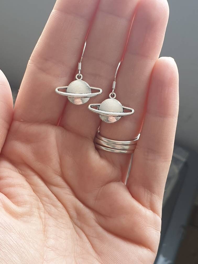 Saturn Planet Dangly Charm Earrings In Gift Bag, Celestial, Space Lover Gifts