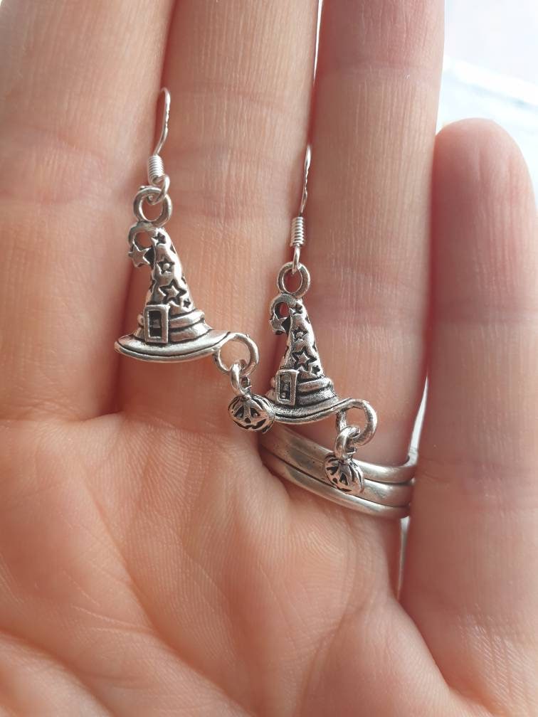 Handmade Spooky Halloween Witch Hat Dangly Charms Earrings In Gift Bag, Halloween Fun, Gift For Her