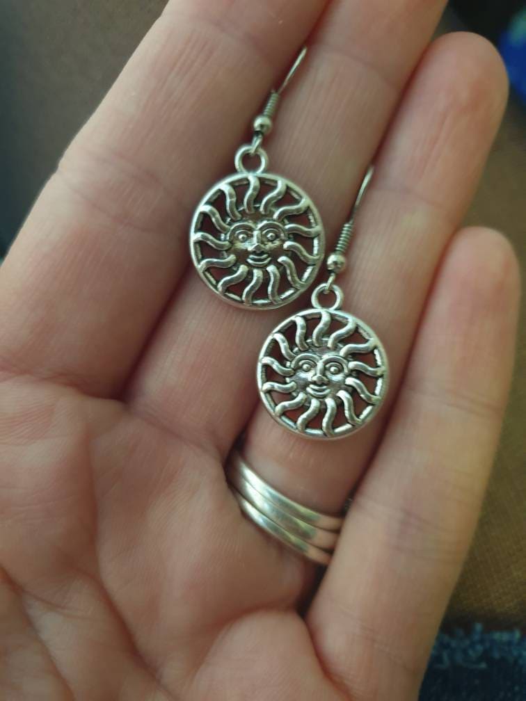 Sun Dangly Charm Earrings In Gift Bag, Retro Gifts, Sun Lover, Celestial Gifts, Stocking Filler