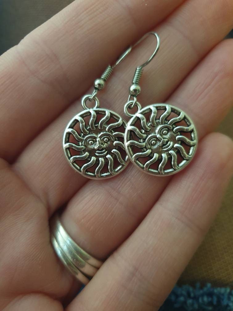 Sun Dangly Charm Earrings In Gift Bag, Retro Gifts, Sun Lover, Celestial Gifts, Stocking Filler