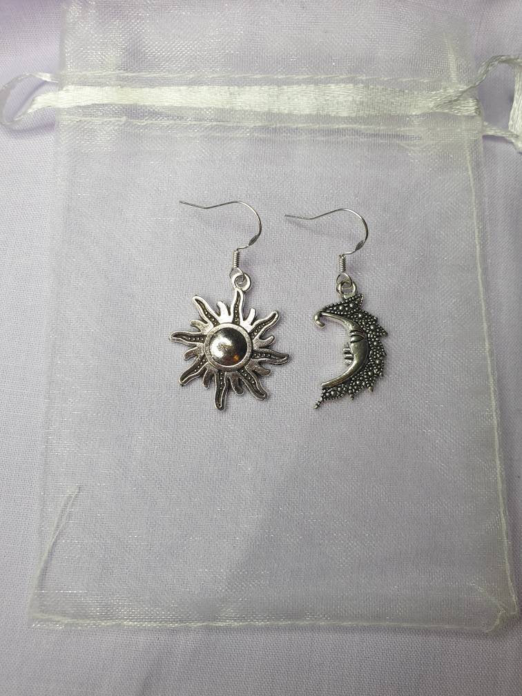 Mismatched Sun And Moon Charm Dangly, Charm Earrings In Gift Bag, Stocking Filler, For Her