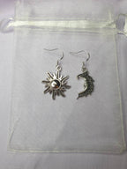 Mismatched Sun And Moon Charm Dangly, Charm Earrings In Gift Bag, Stocking Filler, For Her