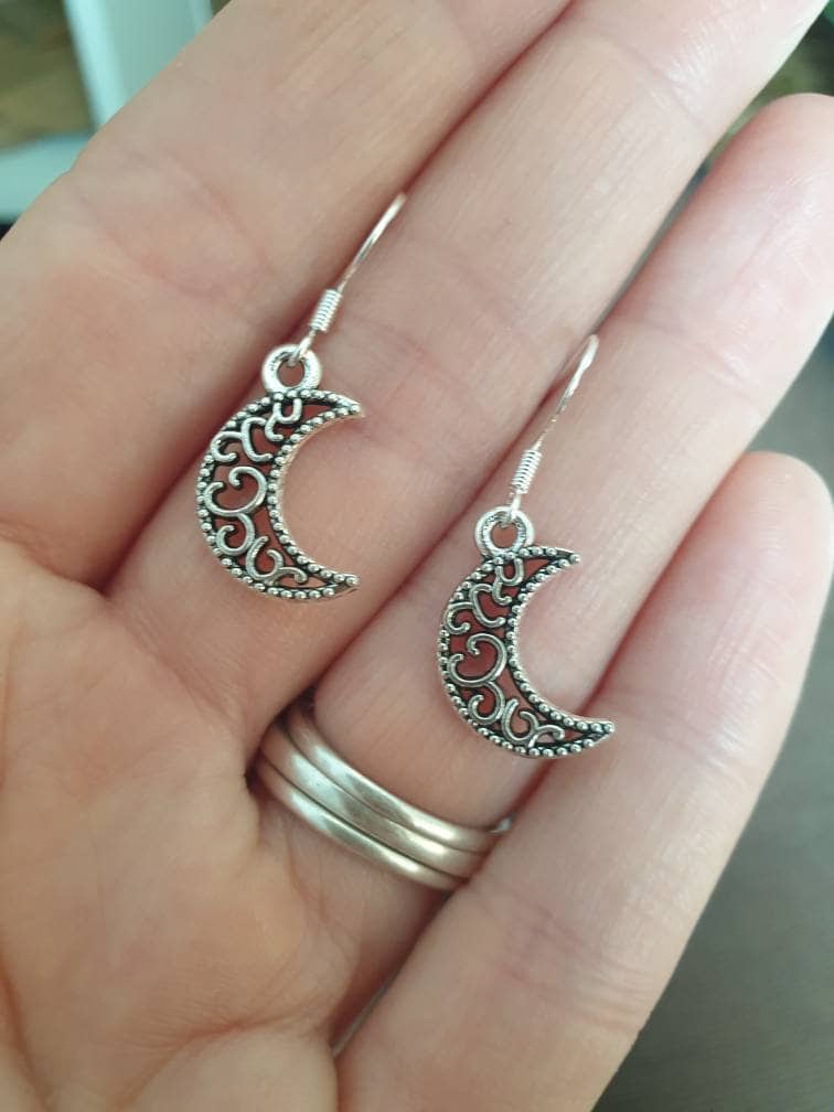 Filigree Moon Celestial Dangly Charm Earrings In Gift Bag, Space Lover Gifts