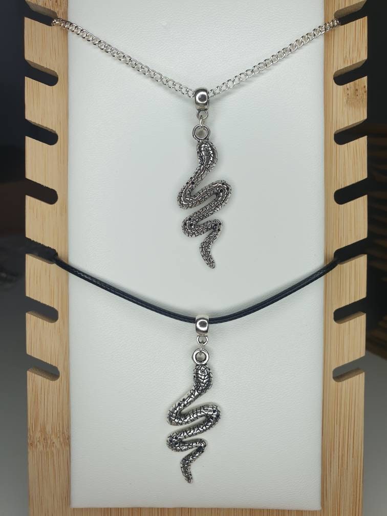 Snake Charm Necklace Silver Plated Or Waxed Cord Variable Lengths, Gift Packaged