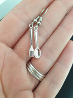 Fork & Spoon, Cutlery, Dangly Charm Earrings, In Gift Bag, Novelty Earrings, Fun Jewellery, Stocking Filler