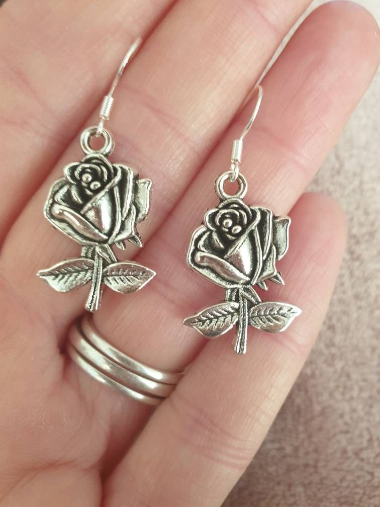 Rose Dangly Charm Earrings In Gift Bag, Gifts For Her, Flowers, Nature
