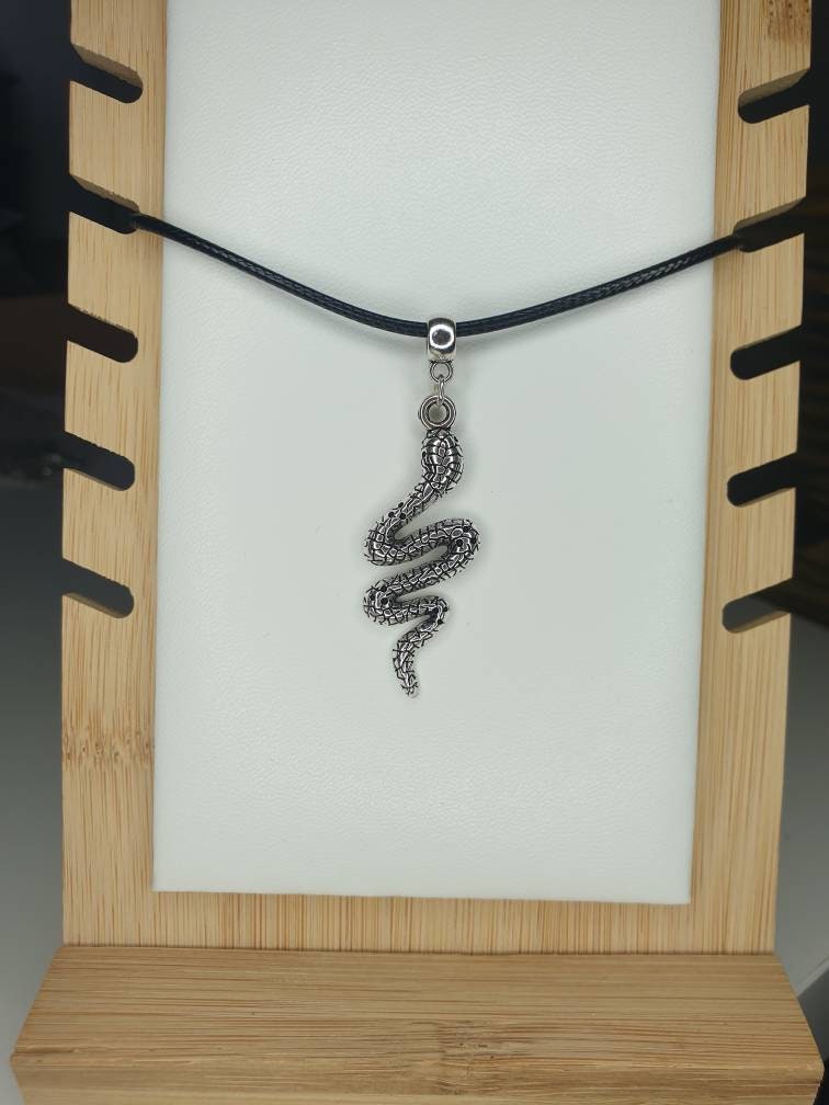Snake Charm Necklace Silver Plated Or Waxed Cord Variable Lengths, Gift Packaged