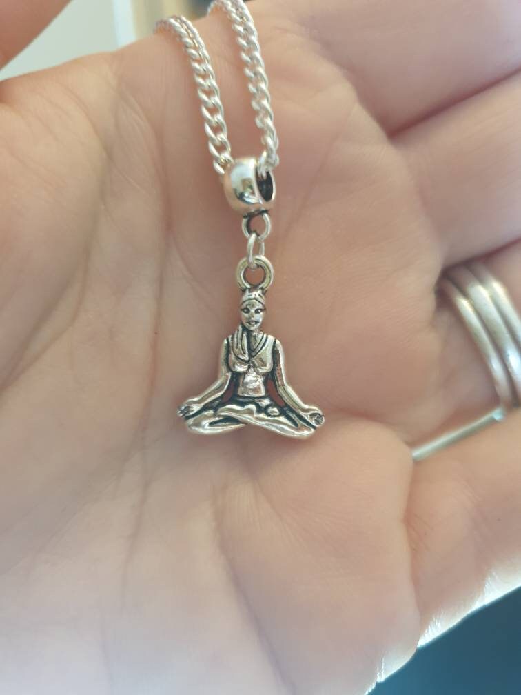 Yoga Lady Charm Necklace Silver Plated Or Waxed Cord Variable Lengths, Gift Packaged, Meditation