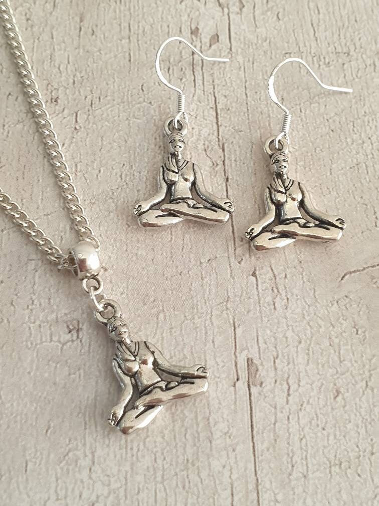 Yoga Lady Charm Necklace Silver Plated Or Waxed Cord Variable Lengths, Gift Packaged, Meditation