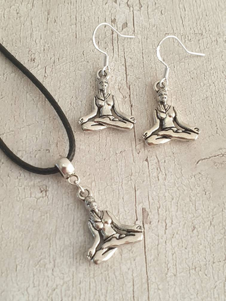 Yoga Lady Charm Necklace Silver Plated Or Waxed Cord Variable Lengths, Gift Packaged, Meditation
