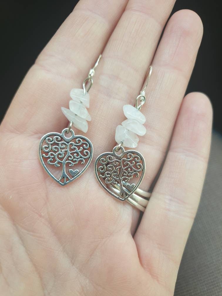 Rose Quartz Gemstone Dangly Tree Of Life Charm Earrings In Gift Bag, Gifts for Her, Spiritual Gifts, Chakra Jewellery, Love Gifts