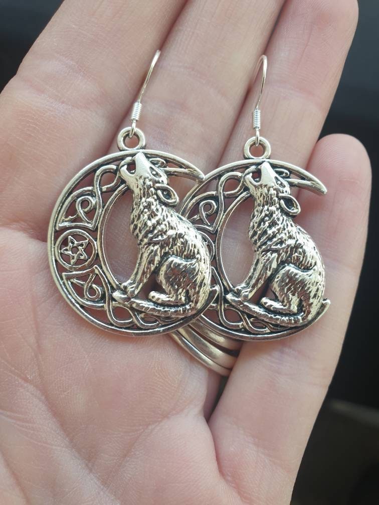 Wolf And Moon Charm Earrings, Gifts For Her, Animal Lover, Moon Lover, Fun Jewellery, Celestial