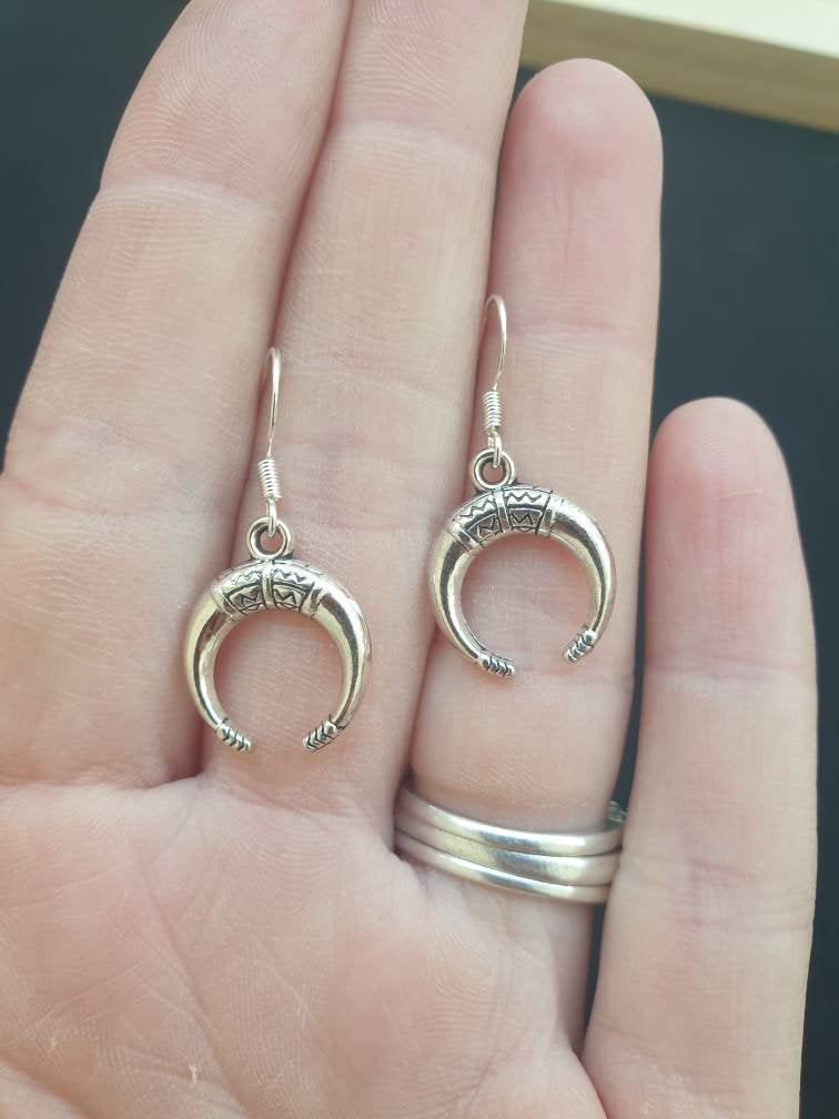 Crescent Moon Double Horn Dangly Charm Earrings In Gift Bag, Space Lover, Lunar Gifts