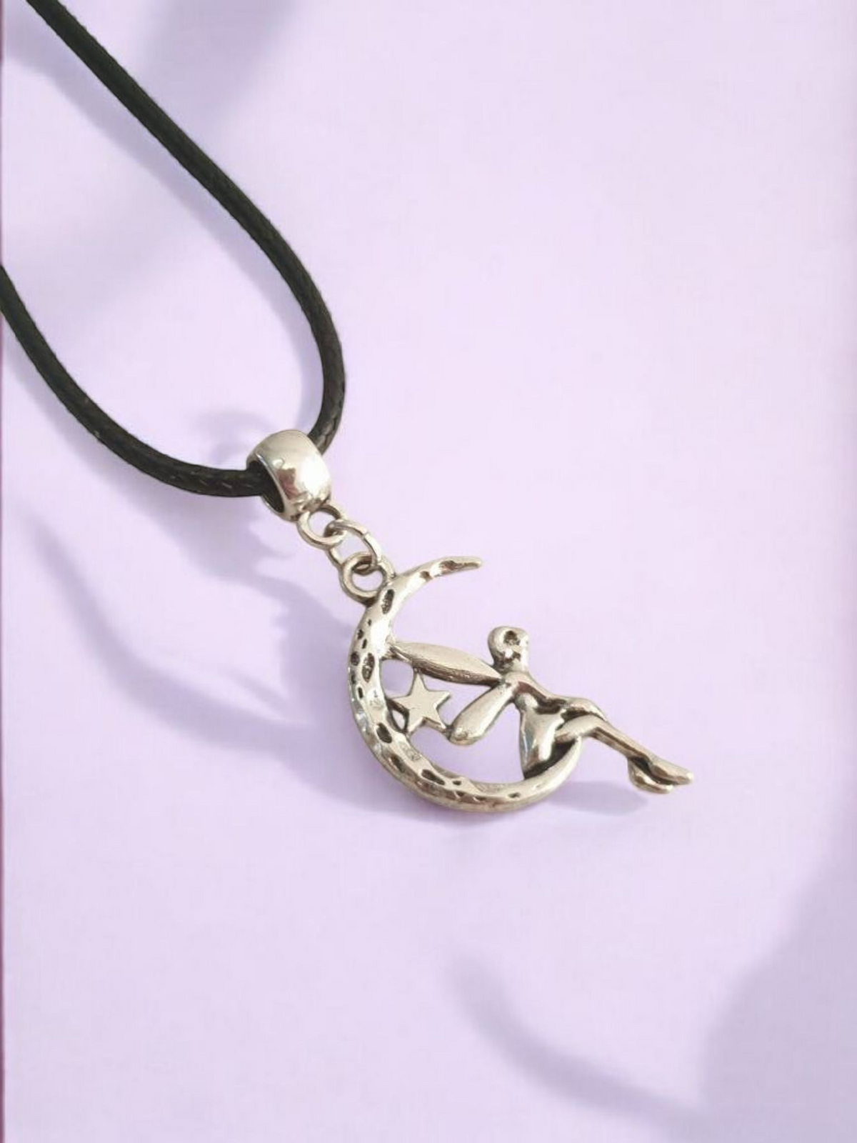 Fairy On Moon Charm Necklace Silver Plated Or Waxed Cord Variable Lengths, Gift Packaged