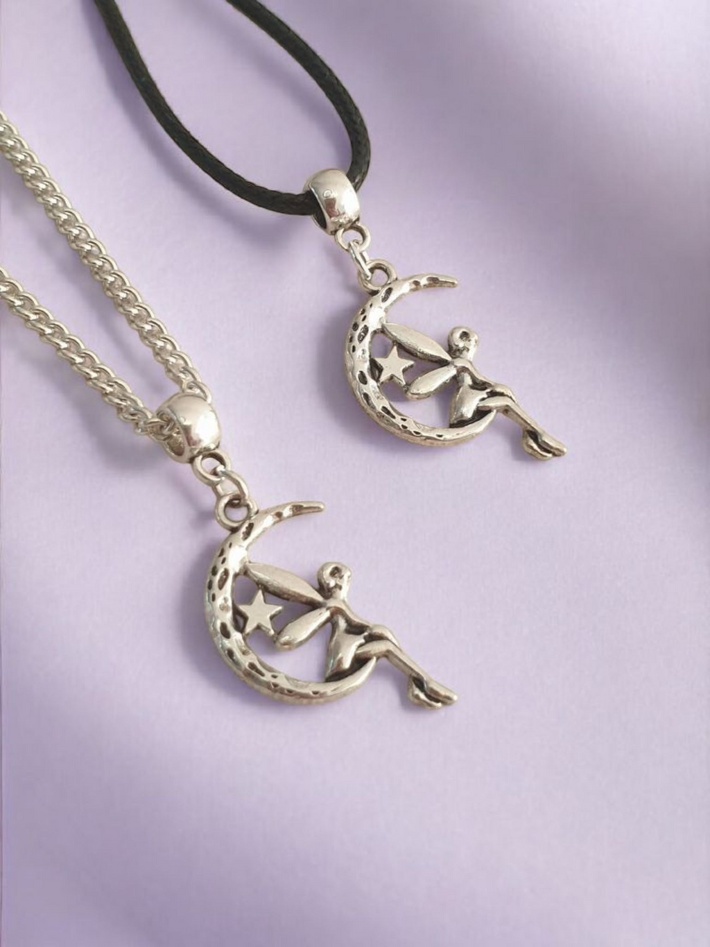 Fairy On Moon Charm Necklace Silver Plated Or Waxed Cord Variable Lengths, Gift Packaged