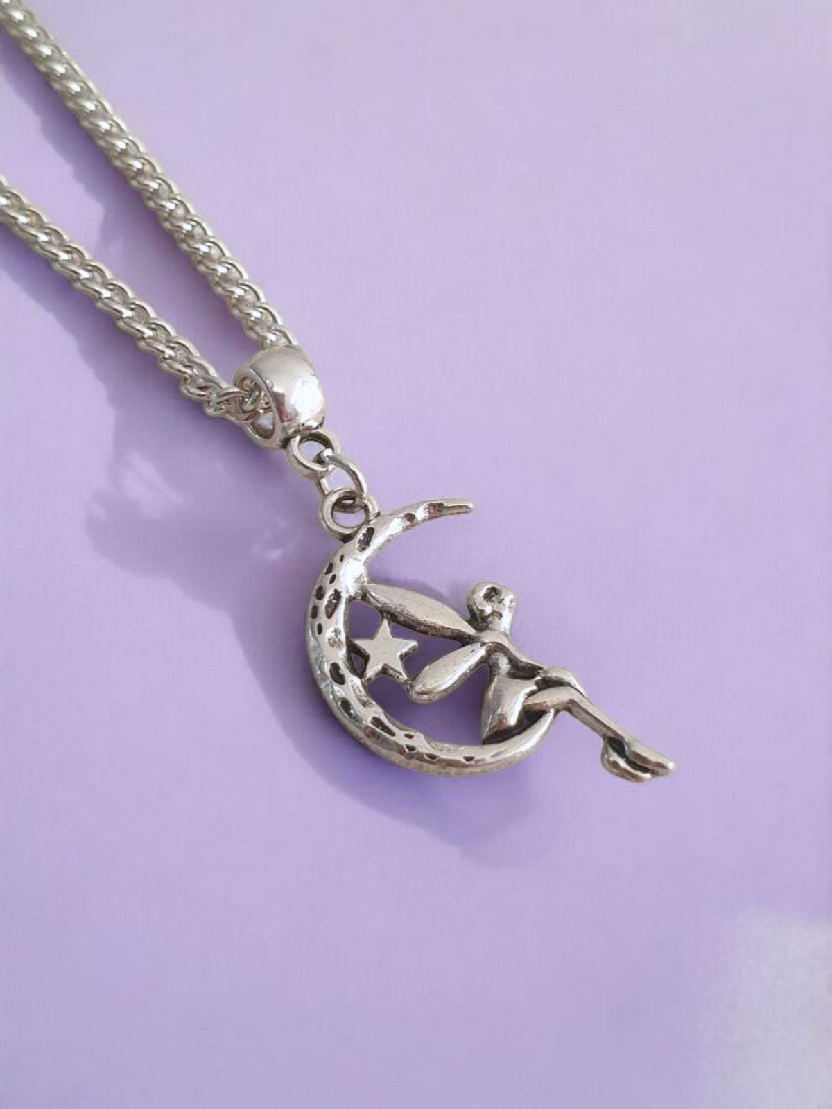 Fairy On Moon Charm Necklace Silver Plated Or Waxed Cord Variable Lengths, Gift Packaged